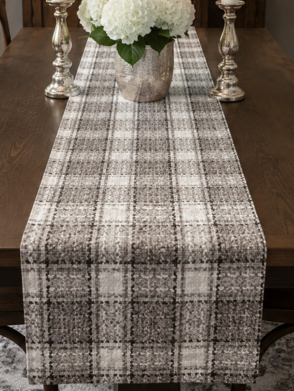 Maxi Plaid Jacquard Gray White Brown Silver Lurex Table Runner 13" X 72".